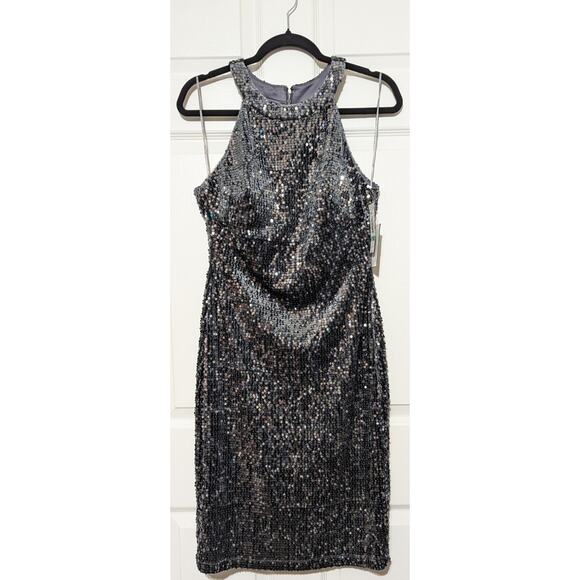 Nightway Womens Gray Sequined Velvet Halter Sleeveless Cocktail Party Dress SZ 8 - Picture 5 of 11